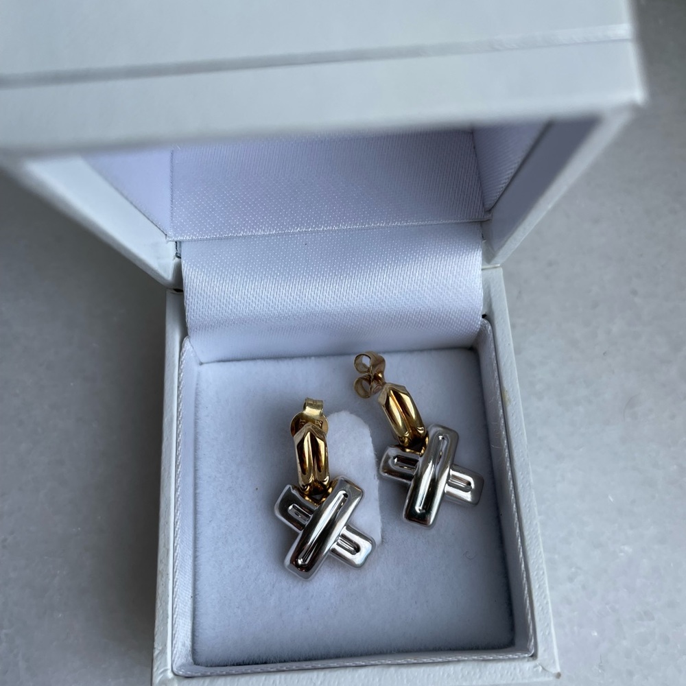 14K gold and silver crossover earrings